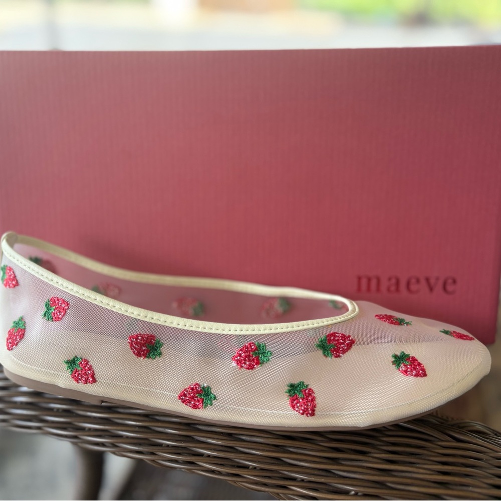 Maeve Cream Flats with Red Strawberry Design